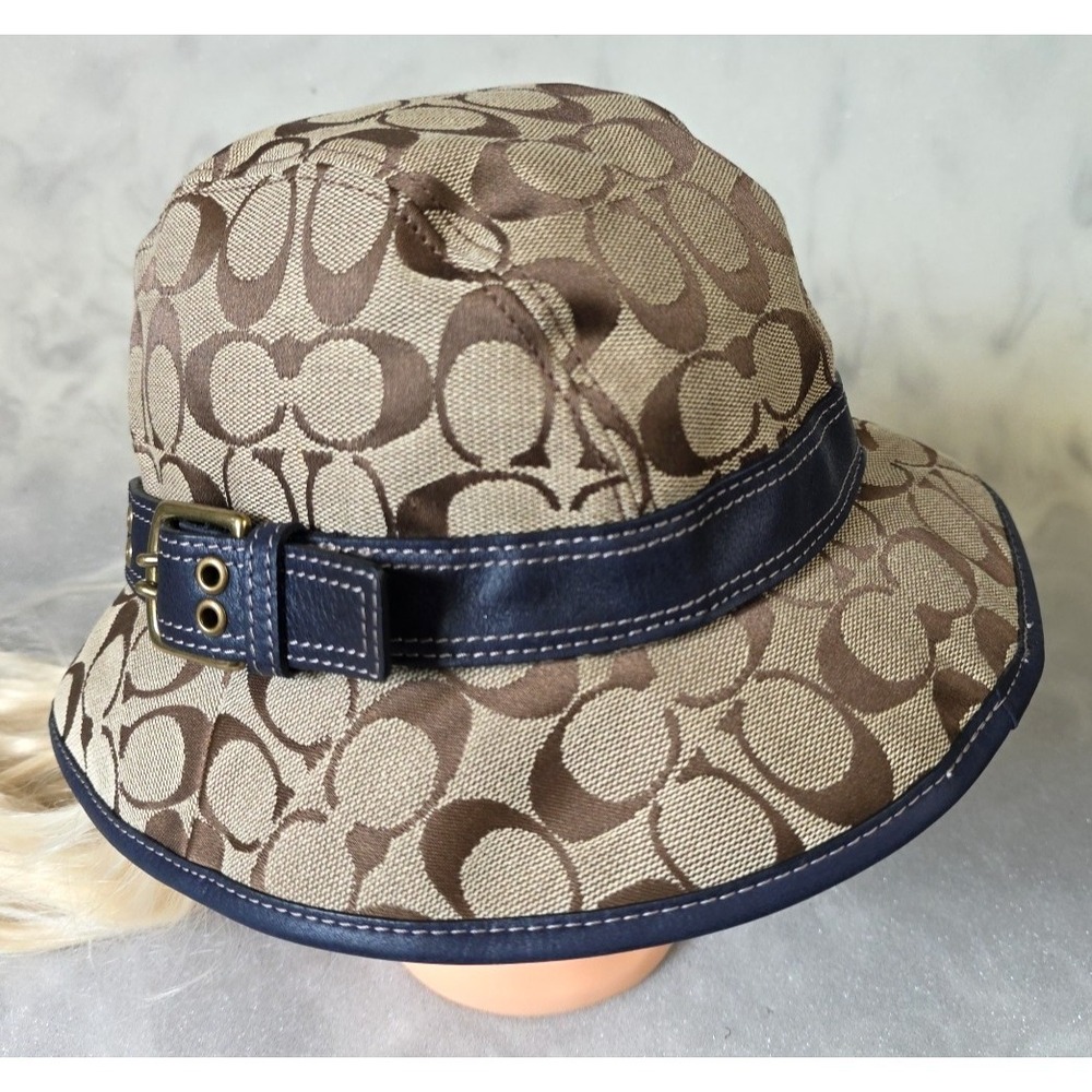 Coach Signature Jacquard Canvas Bucket Hat Brown Leather Band Size S/P - Picture 1 of 13